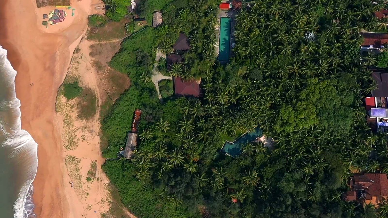 The estate from directly above: Candolim's surf and sand on one side, a canopy of coconut palms with pools and tiled roofs on the other