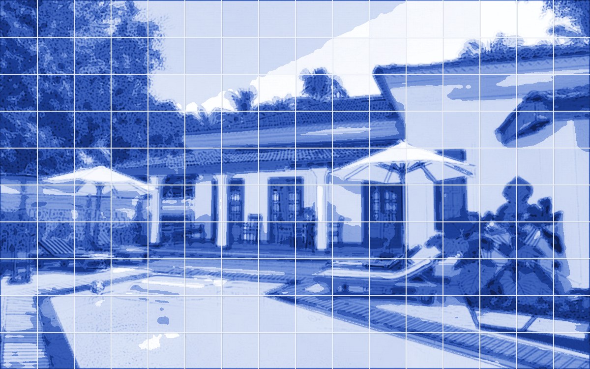 Villa Venus drawn in blue and white as a panel of glazed tiles: a tiled-roof Goan house with a verandah, umbrellas and a pool