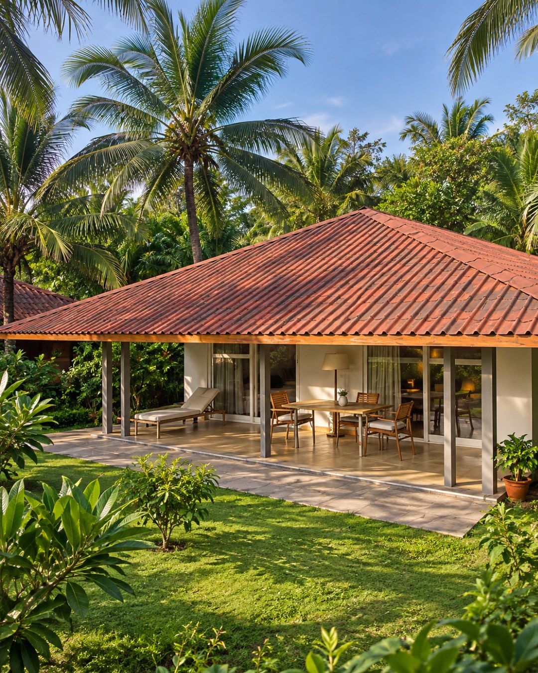 A cottage with a tiled roof and a deep verandah, a day bed and a table set outside, under coconut palms