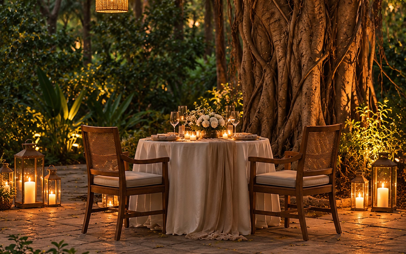 A table for two under the banyan tree, lit by lanterns and candles