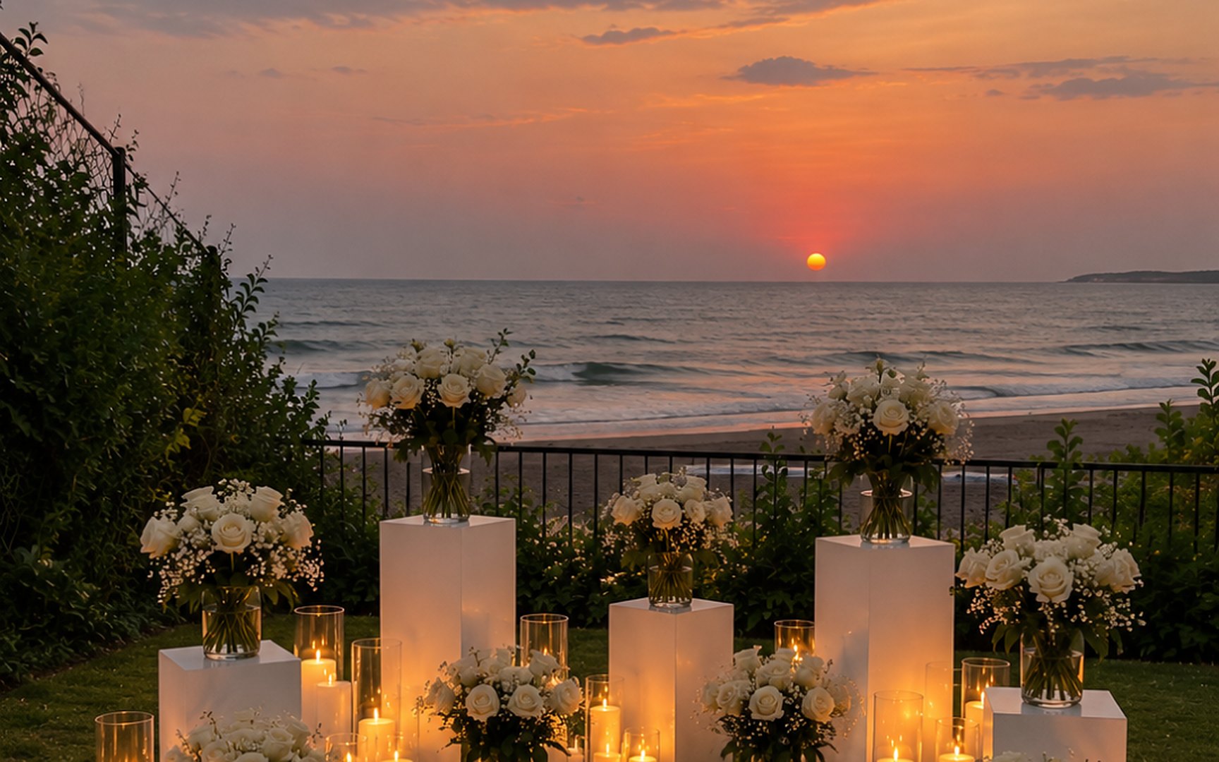 A proposal set at the garden's edge: white roses and candles on the lawn, the sun going down over the sea