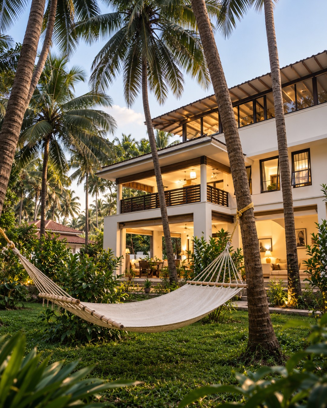 A white two-storey villa at dusk, lit from within, a hammock slung between coconut palms on its lawn
