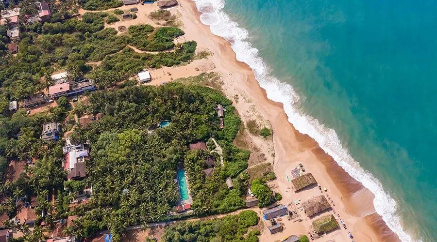 Aerial view of the six-and-a-half-acre coconut grove and beach, Raht Aashyana Lakhanpal, Candolim, Goa