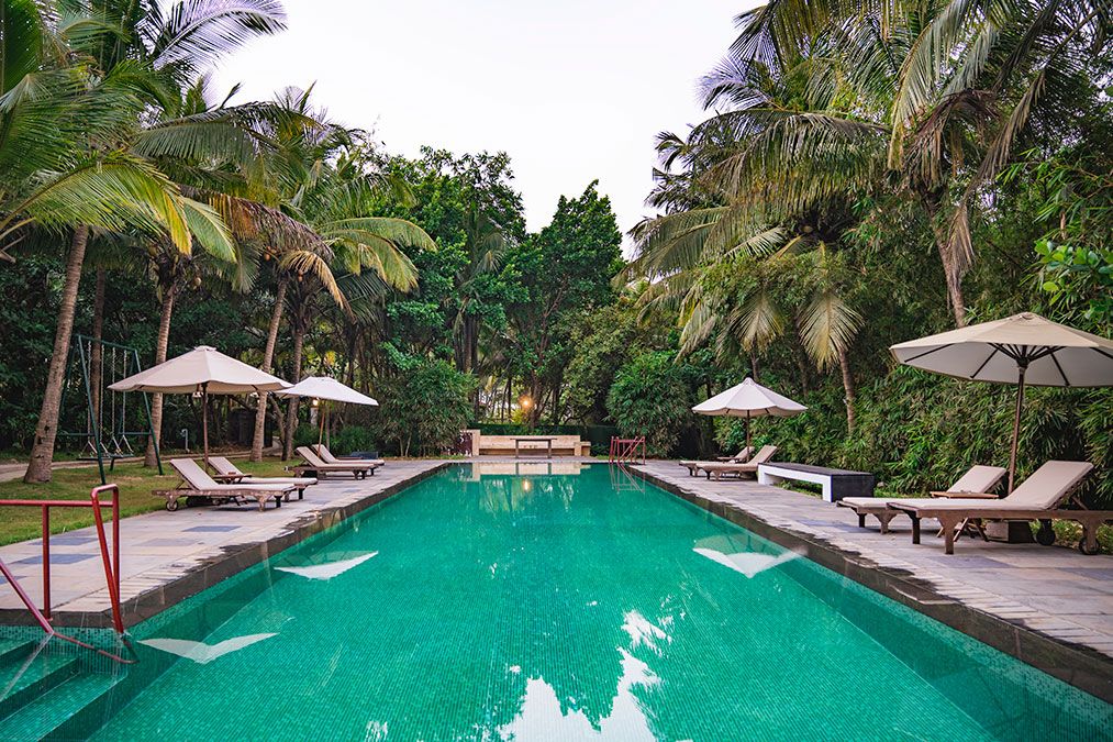 The pool under the palms — real, Raht Aashyana Lakhanpal, Candolim, Goa