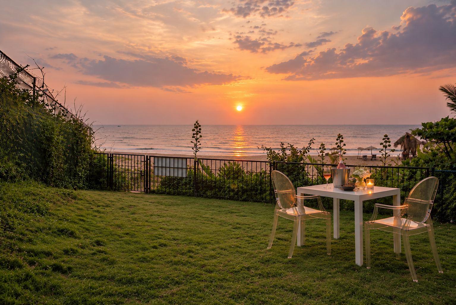 The garden deck at sunset above Candolim beach, Raht Aashyana Lakhanpal, Candolim, Goa