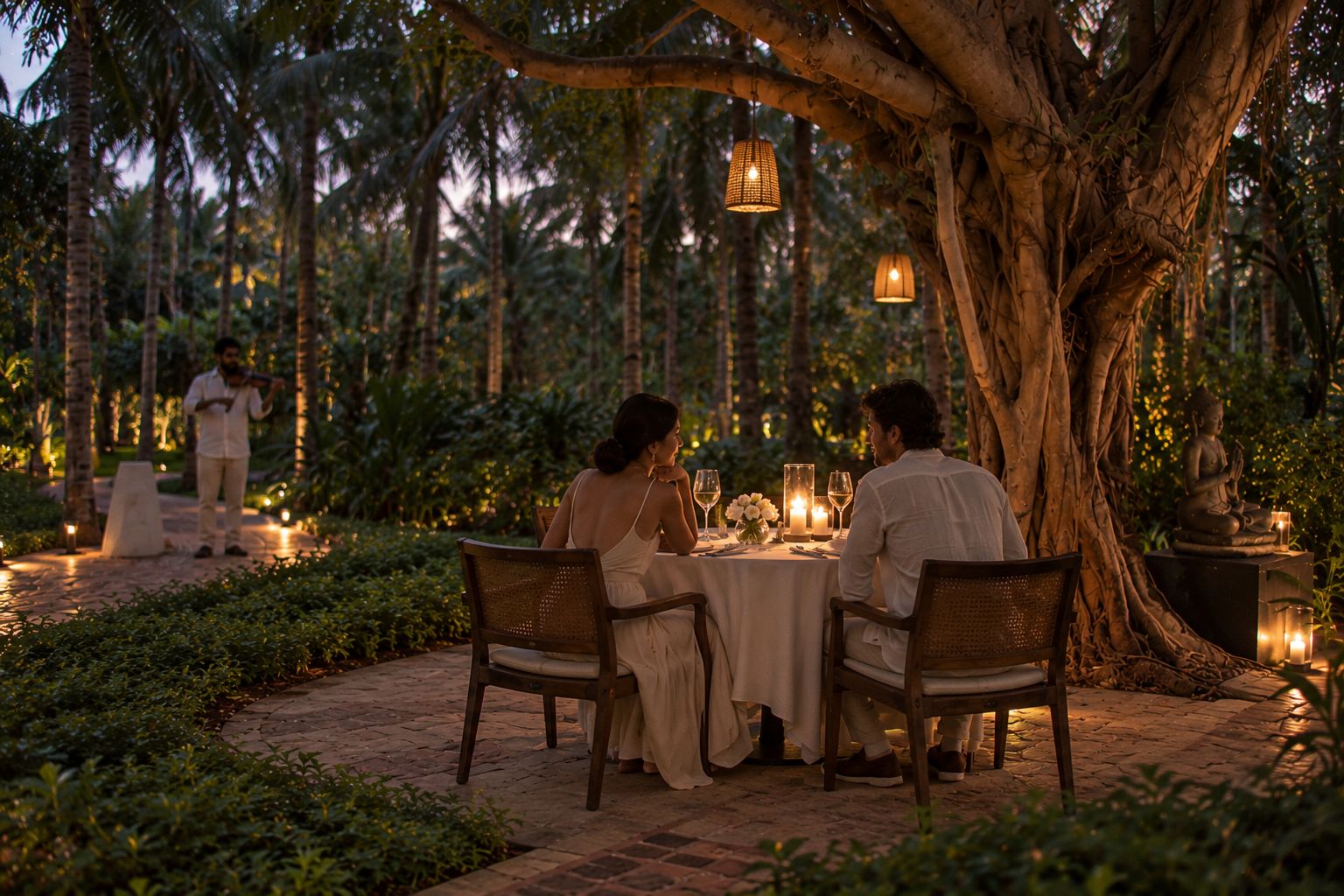 Table for two with a violinist under the banyan, Raht Aashyana Lakhanpal, Candolim, Goa