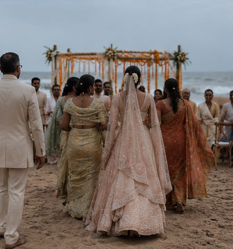 A beach wedding — bride arrival, Raht Aashyana Lakhanpal, Candolim, Goa