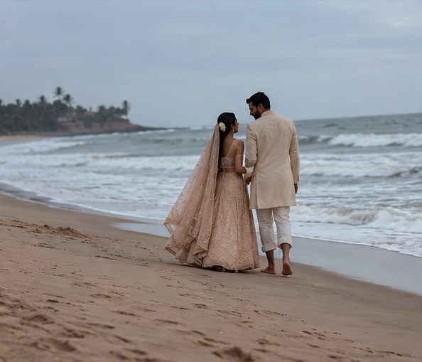 A beach wedding — couple walking beach, Raht Aashyana Lakhanpal, Candolim, Goa